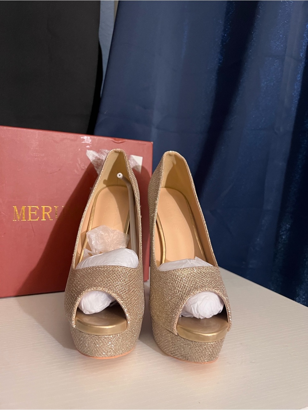 Merumote Glitter Platform Peep Toe Stiletto Heels Women’s Size 8.5 - Picture 2 of 8